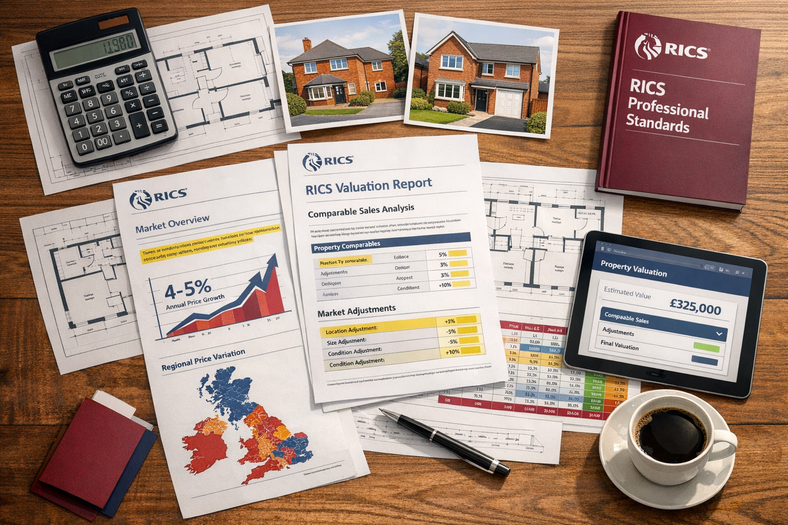 () professional photograph of modern surveyor's desk workspace viewed from above (flat lay composition) showing detailed