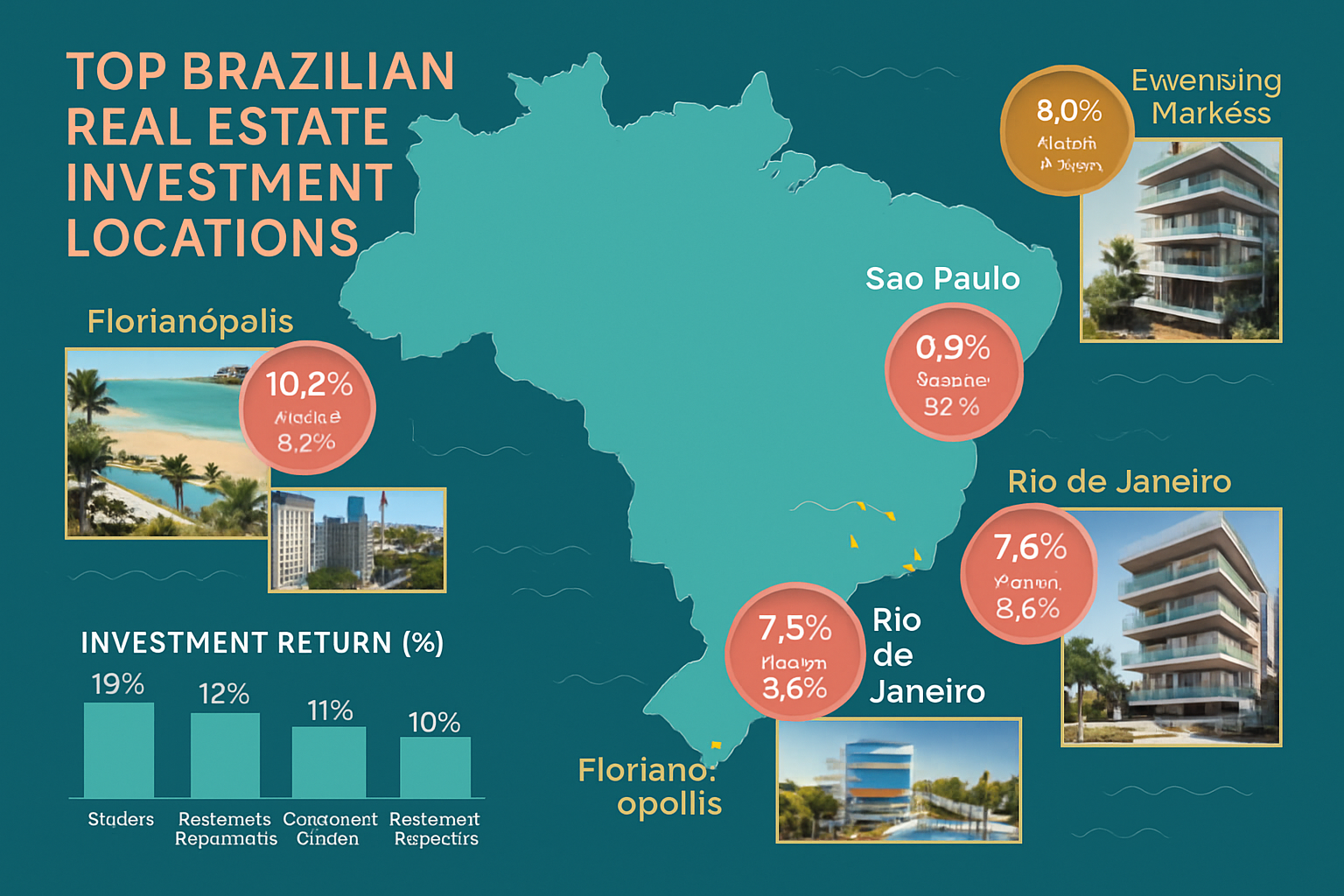 Comprehensive landscape infographic (1536x1024) illustrating top Brazilian real estate investment locations with detailed market data visual
