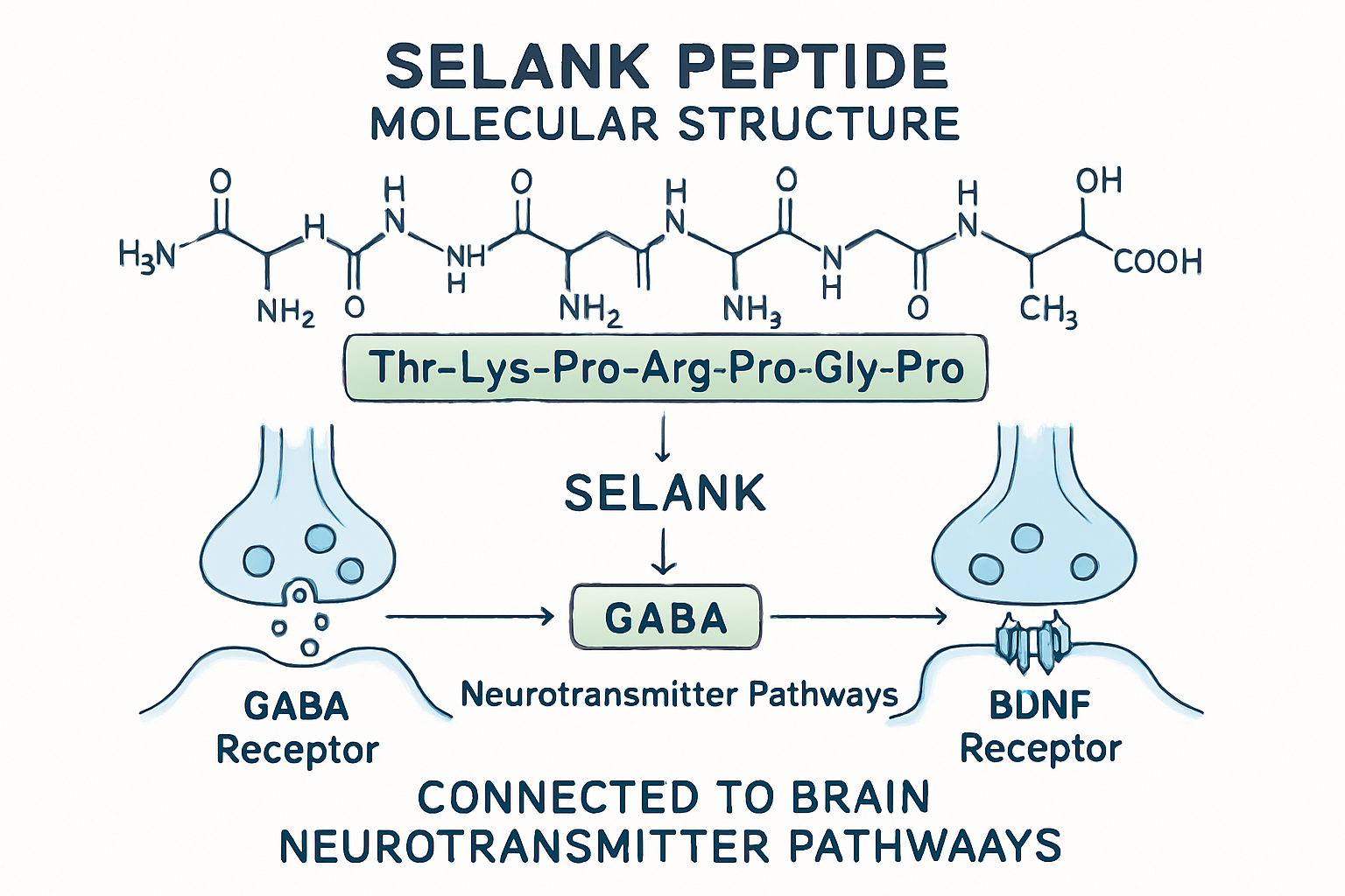 Scientific illustration showing Selank peptide molecular structure with amino acid sequence Thr-Lys-Pro-Arg-Pro-Gly-Pro highlighted, connect