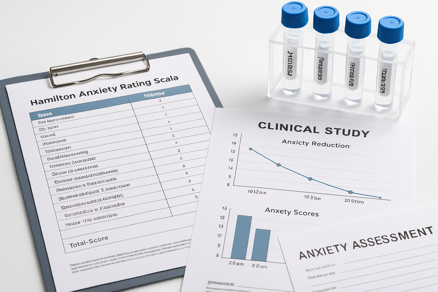 Laboratory research setup displaying anxiety assessment tools including Hamilton Anxiety Rating Scale charts, clinical study data graphs sho