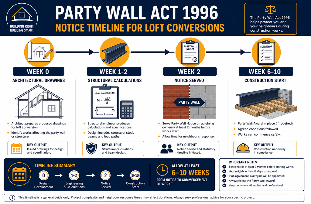 Detailed () infographic-style illustration showing the Party Wall Act 1996 notice timeline for loft conversions: a