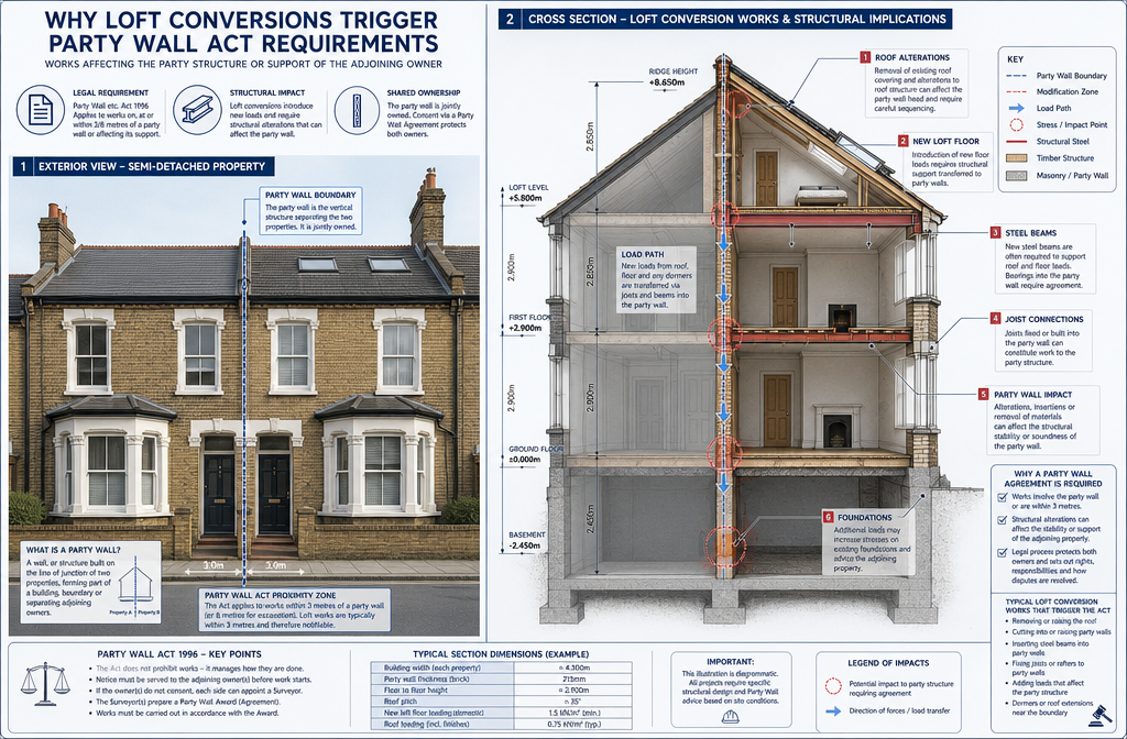 Detailed architectural split-screen illustration depicting why loft conversions trigger Party Wall Act requirements. Left