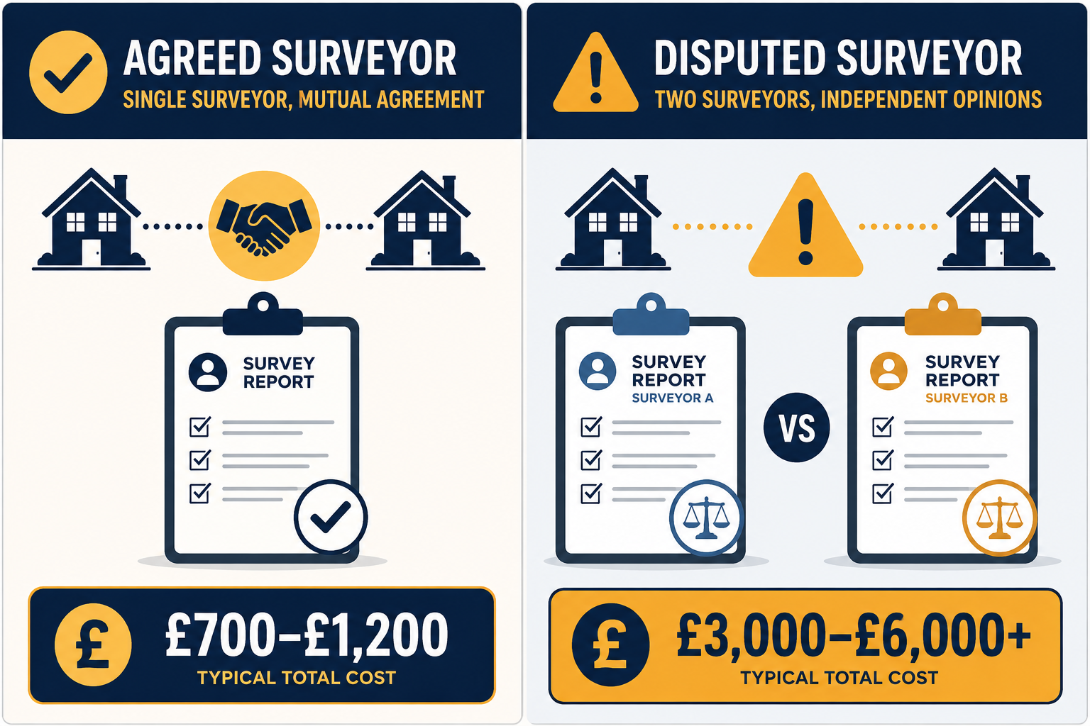Detailed () split-panel comparison image: left panel shows an agreed surveyor scenario with a single clipboard, two house