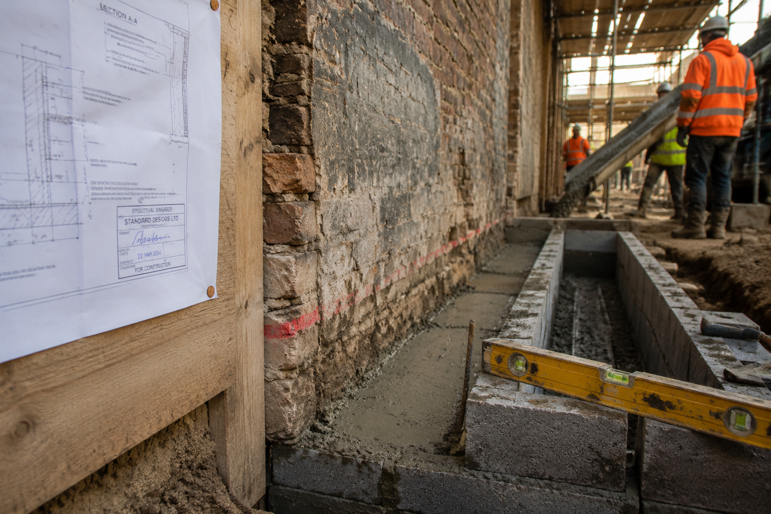 Close-up ground-level perspective inside an active construction site showing new concrete strip foundations being poured