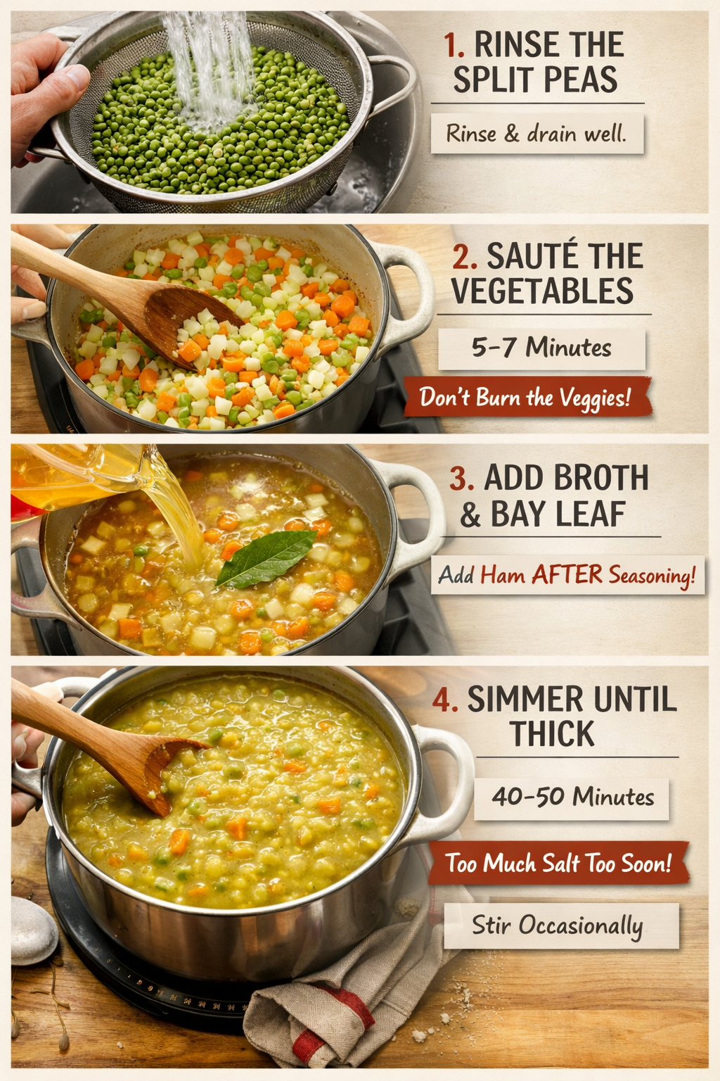 Photorealistic, high-resolution photography, , vertical composition showing four stacked panels: rinsing green split peas in