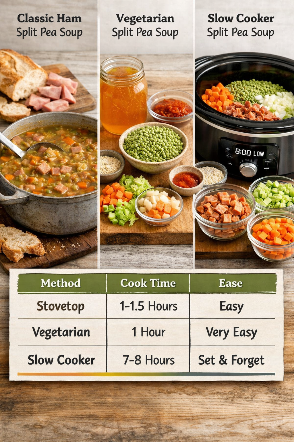 Photorealistic, high-resolution photography, , split layout showing three variations in distinct sections: classic ham split
