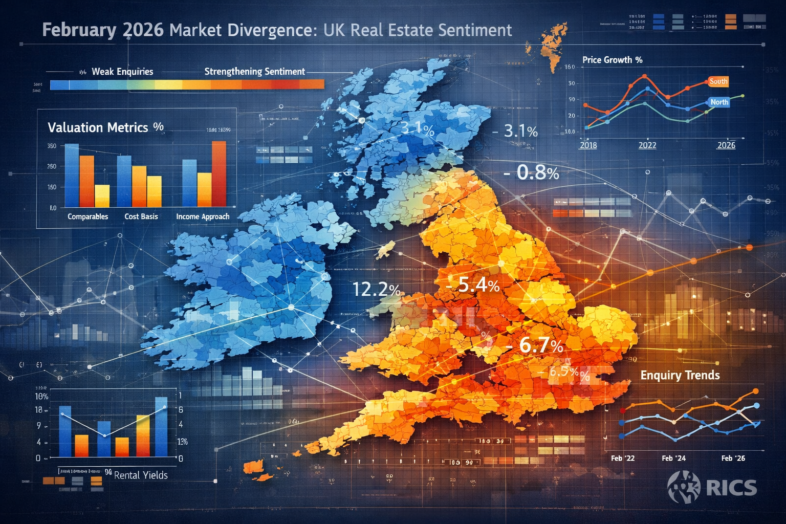Complex data visualization representing February 2026 market divergence, featuring a multi-layered geographical heat map of