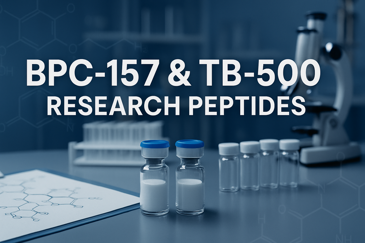 Professional landscape hero image (1536x1024) featuring bold text overlay 'BPC-157 & TB-500: Research Peptides' in extra large 70pt white sa