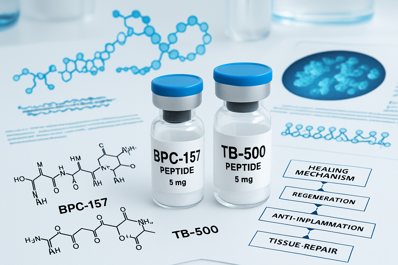 Scientific laboratory scene showing BPC-157 and TB-500 peptide vials with molecular structure diagrams, research documentation, and microsco