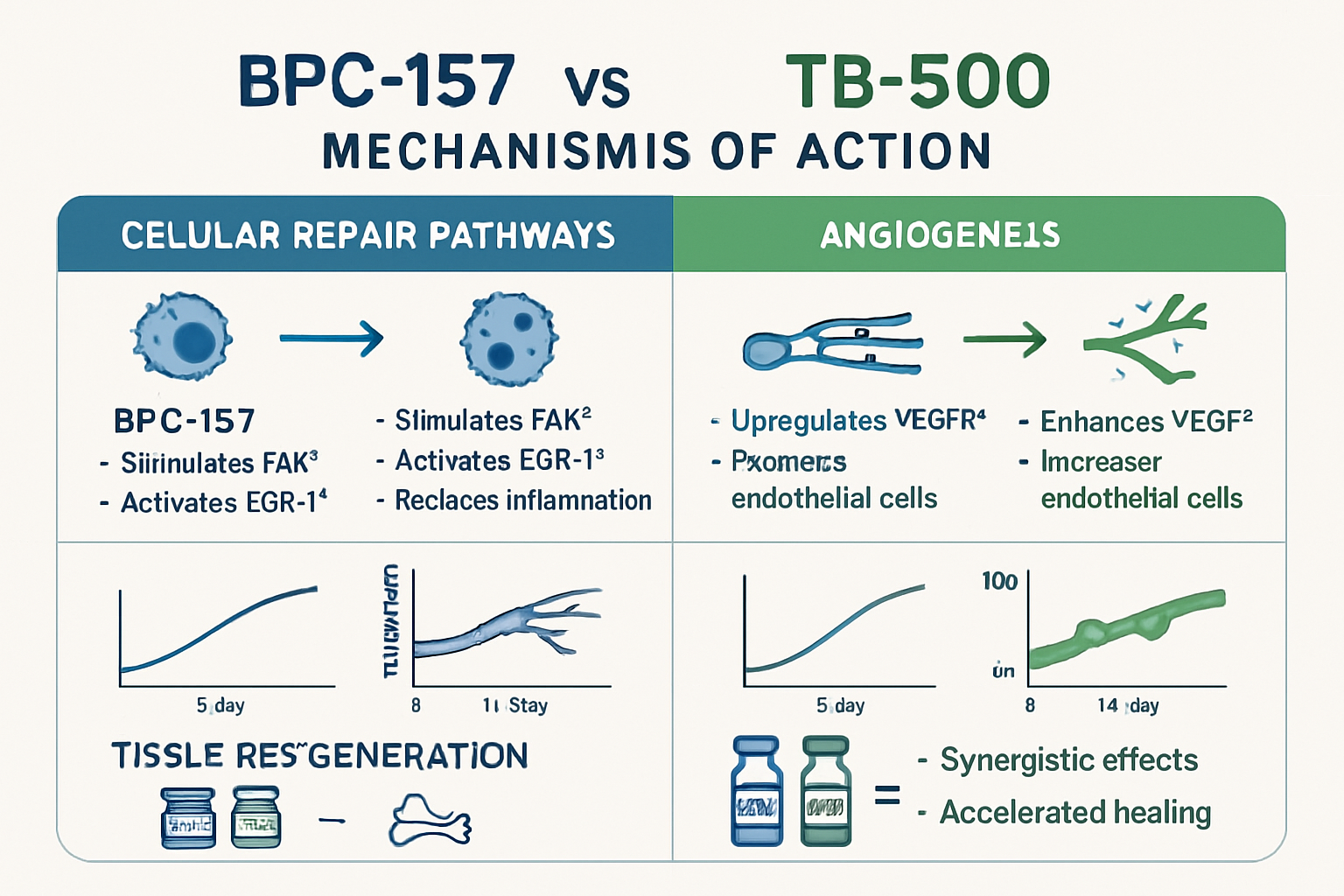 Research comparison chart displaying BPC-157 vs TB-500 mechanisms of action with side-by-side infographic layout. Show cellular repair pathw
