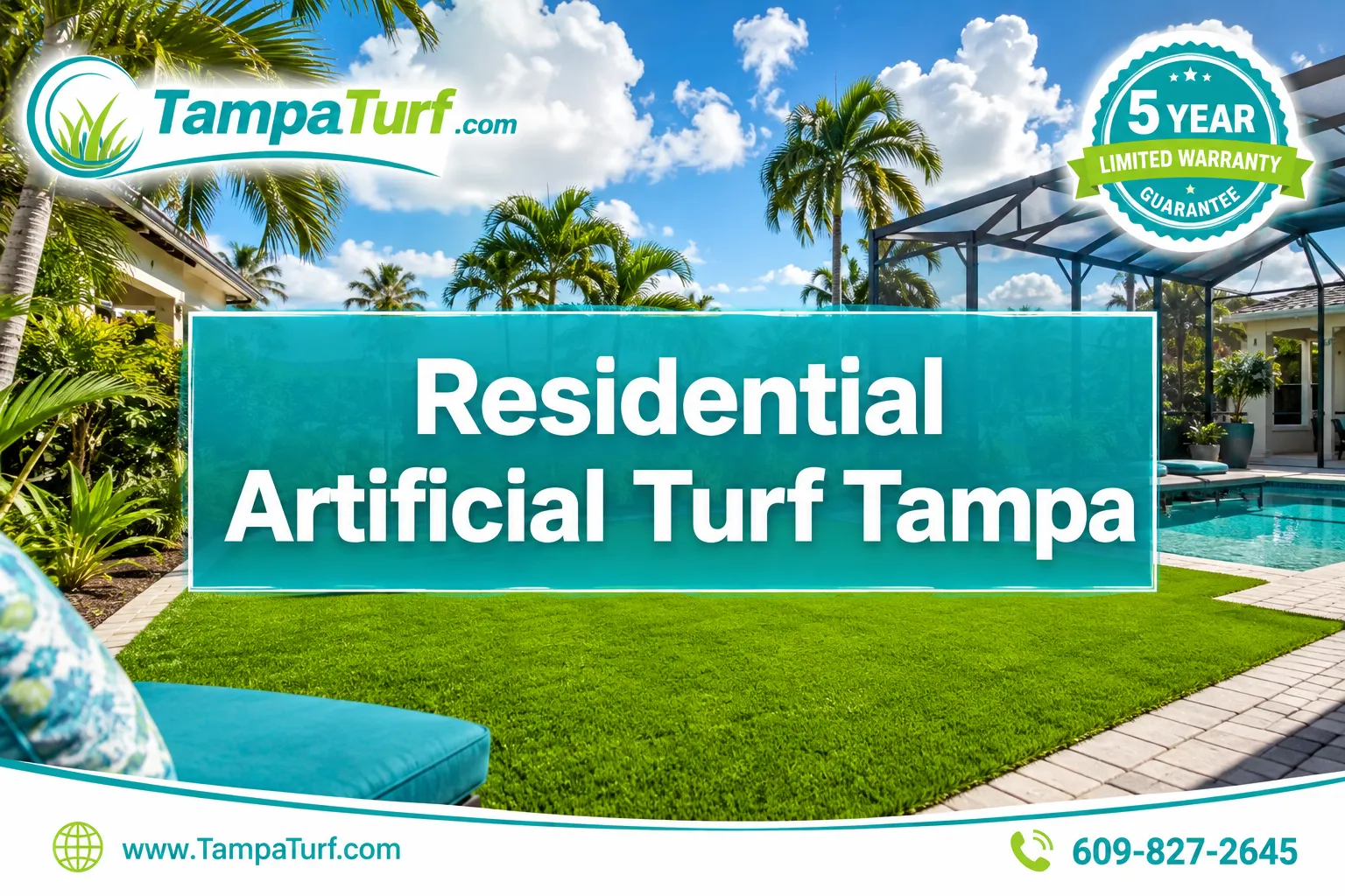 Professional () magazine-cover hero image with SHORT : 'Residential Artificial Turf Tampa', centered on two lines with