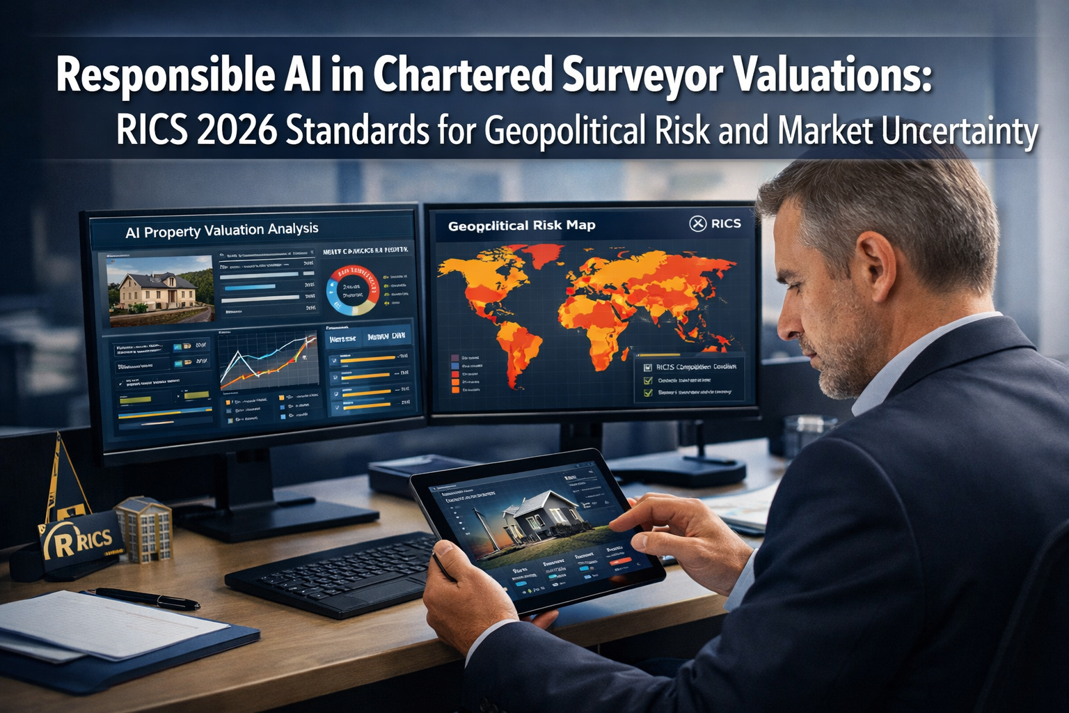 Professional () hero image with 'Responsible AI in Chartered Surveyor Valuations: RICS 2026 Standards for Geopolitical Risk