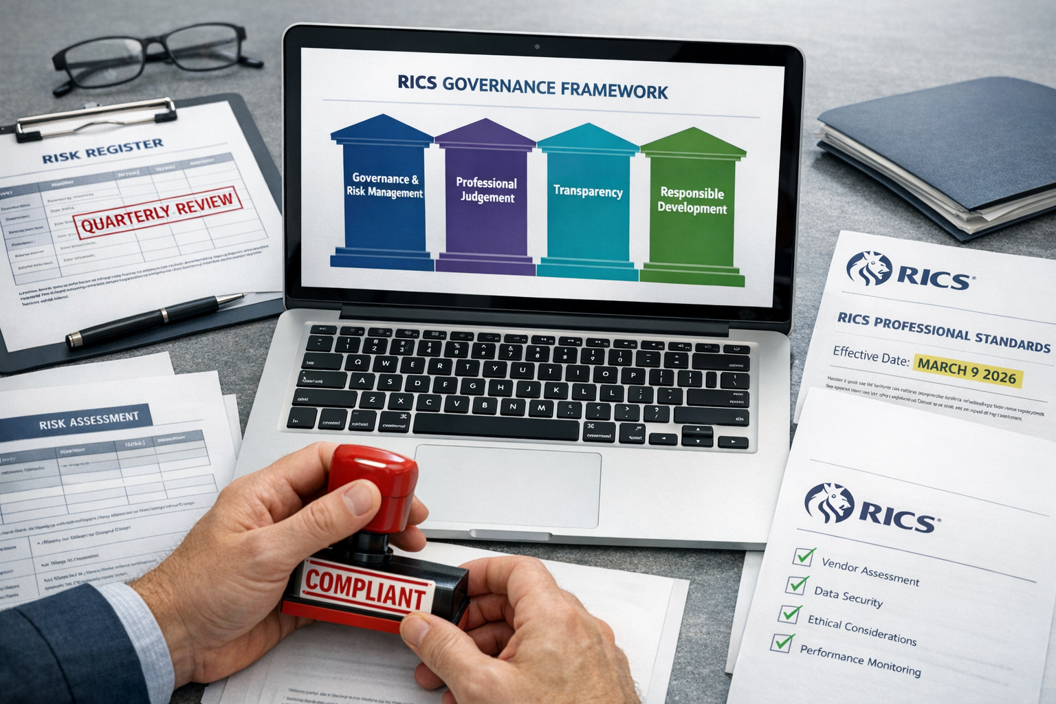Detailed () image showing close-up of RICS compliance documentation framework spread across modern desk surface. Central