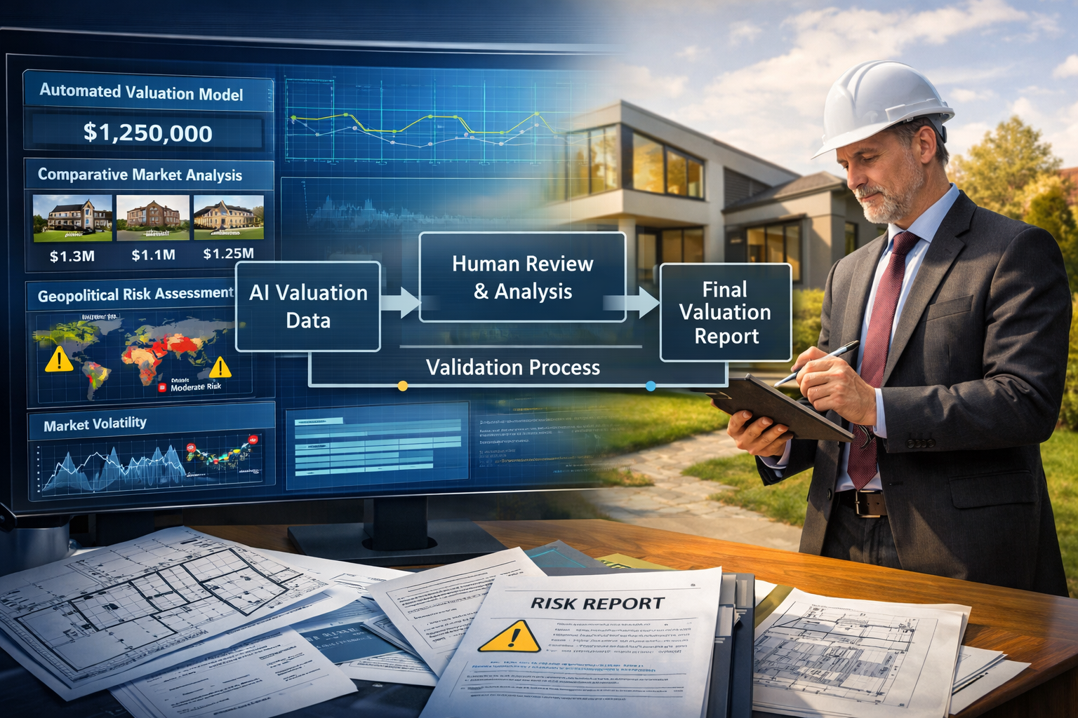 Wide-angle () image depicting modern property valuation scenario integrating AI technology with human oversight.