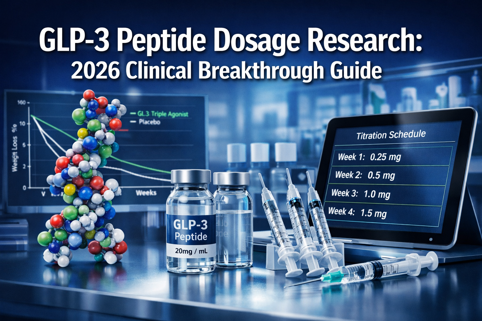 Professional landscape format (1536x1024) hero image featuring bold text overlay 'GLP-3 Peptide Dosage Research: 2026 Clinical Breakthrough 