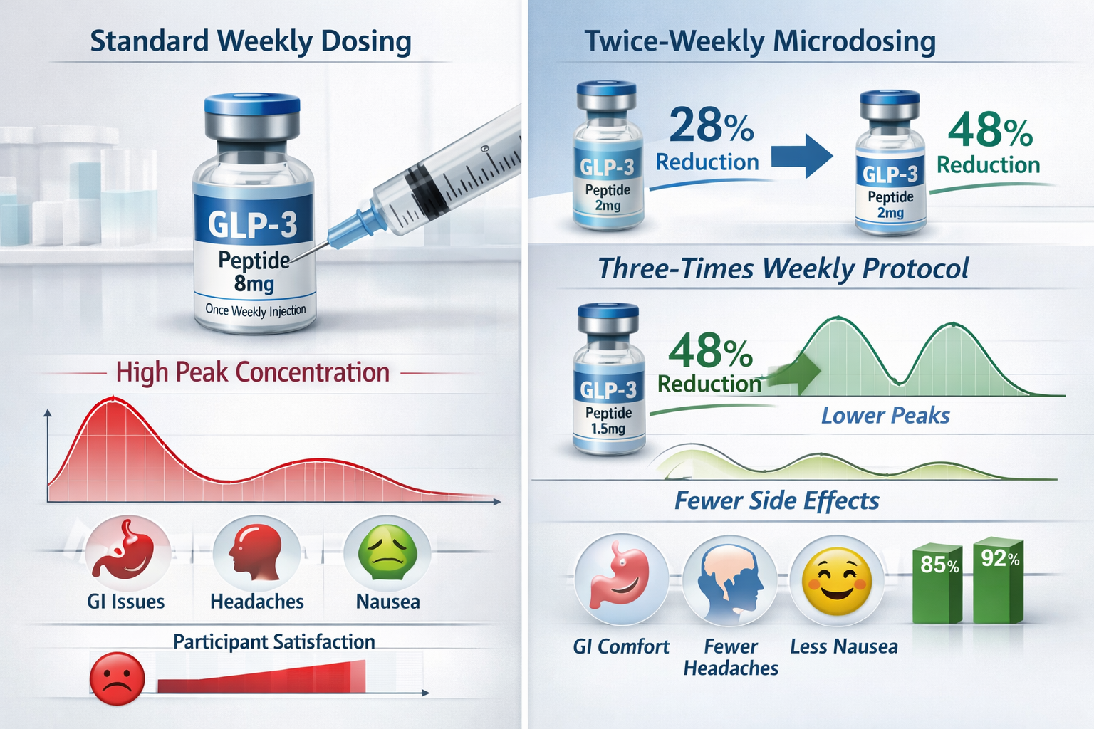 Detailed landscape format (1536x1024) comparison visualization showing three peptide vials labeled with different GLP-3 peptide dosage resea