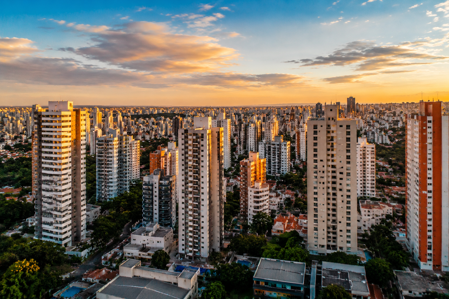 Professional () aerial editorial photograph of a modern Brazilian city skyline at golden hour, rows of contemporary