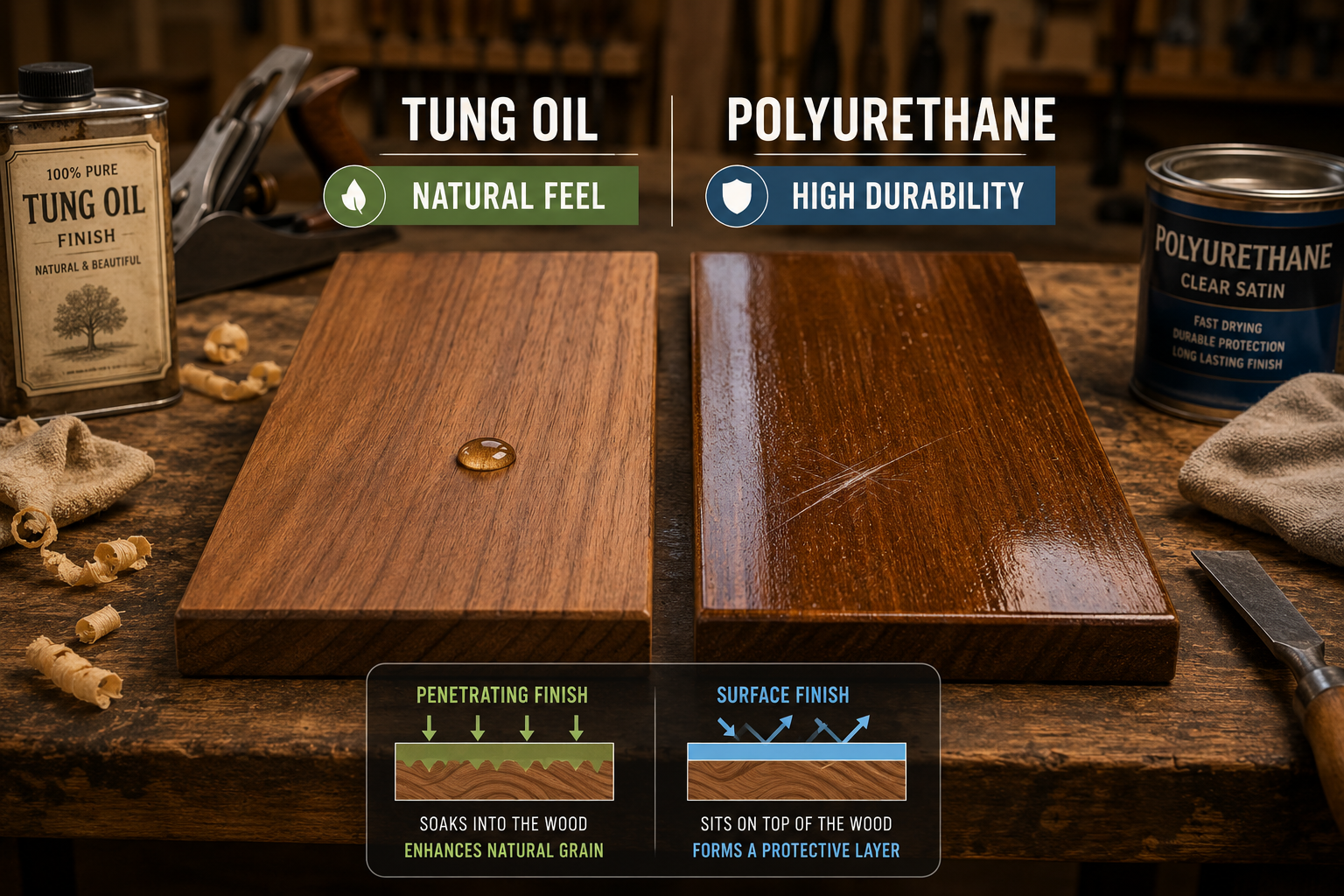 A visually striking landscape image () comparing Tung Oil and Polyurethane on two identical wooden planks, side-by-side on a