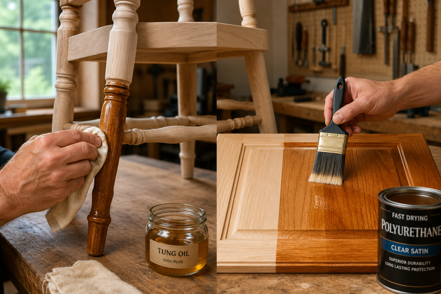 A detailed landscape image () showing a person's hands meticulously applying tung oil to a fine wooden chair leg using a