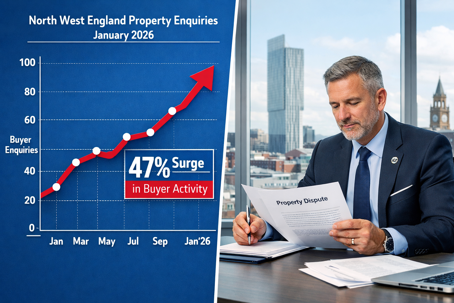 Detailed () image showing split-screen composition: left side displays upward trending line graph with 'North West England