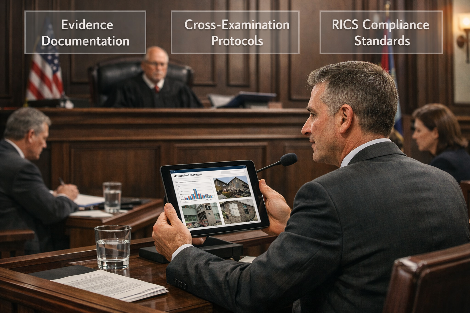 () courtroom scene illustration showing expert witness stand in foreground with RICS accredited surveyor presenting evidence
