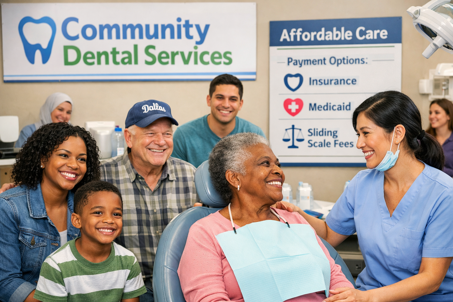 Detailed () image for community dental programs, featuring a diverse group of Dallas residents smiling comfortably in a