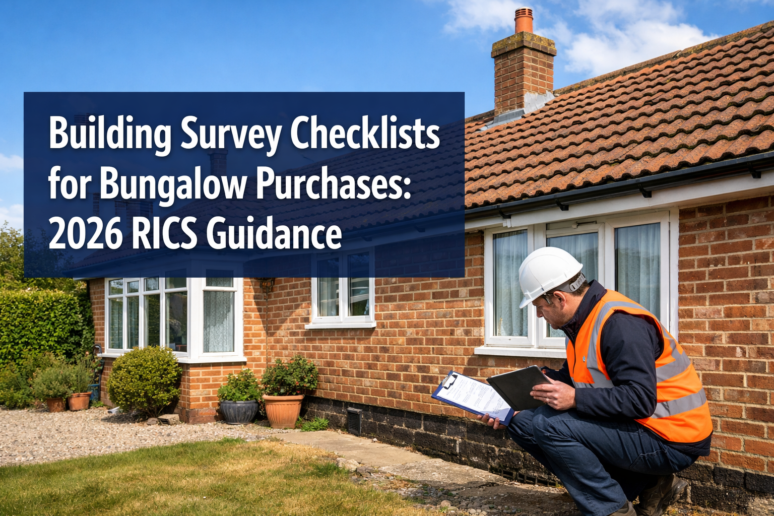 Professional () hero image with : 'Building Survey Checklists for Bungalow Purchases: 2026 RICS Guidance' in extra large