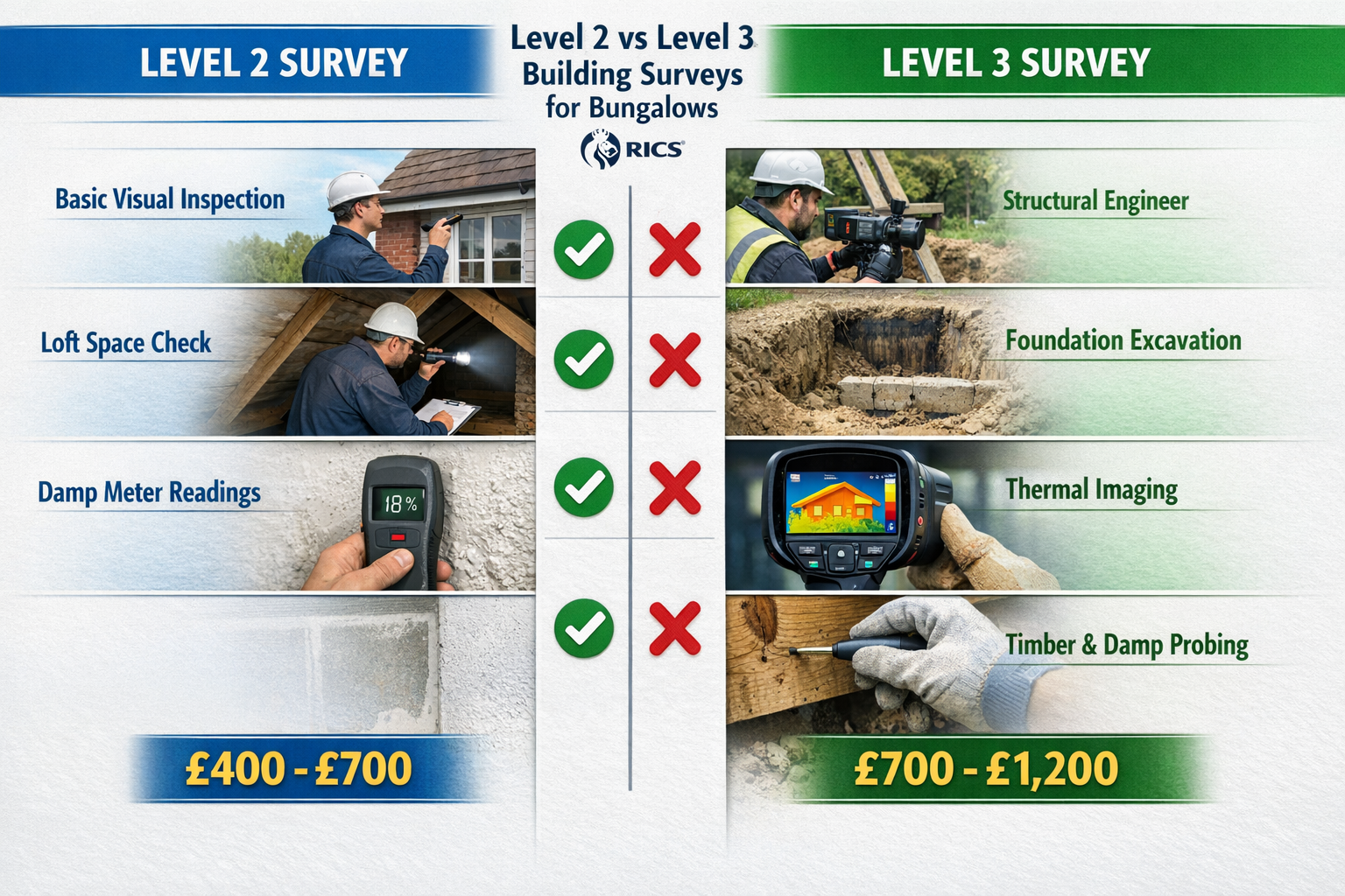 () detailed comparison infographic showing Level 2 versus Level 3 building survey scope for bungalows. Split-screen design