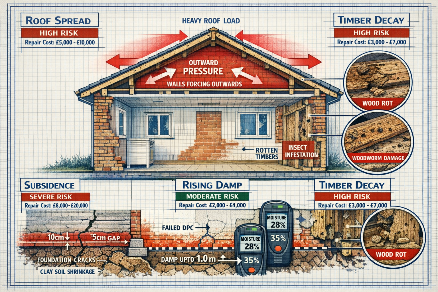 () technical cross-section illustration of bungalow showing four major structural risk zones highlighted with warning