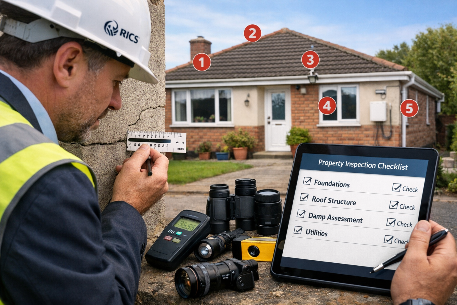 () professional scene showing RICS chartered surveyor conducting systematic bungalow inspection with detailed checklist on