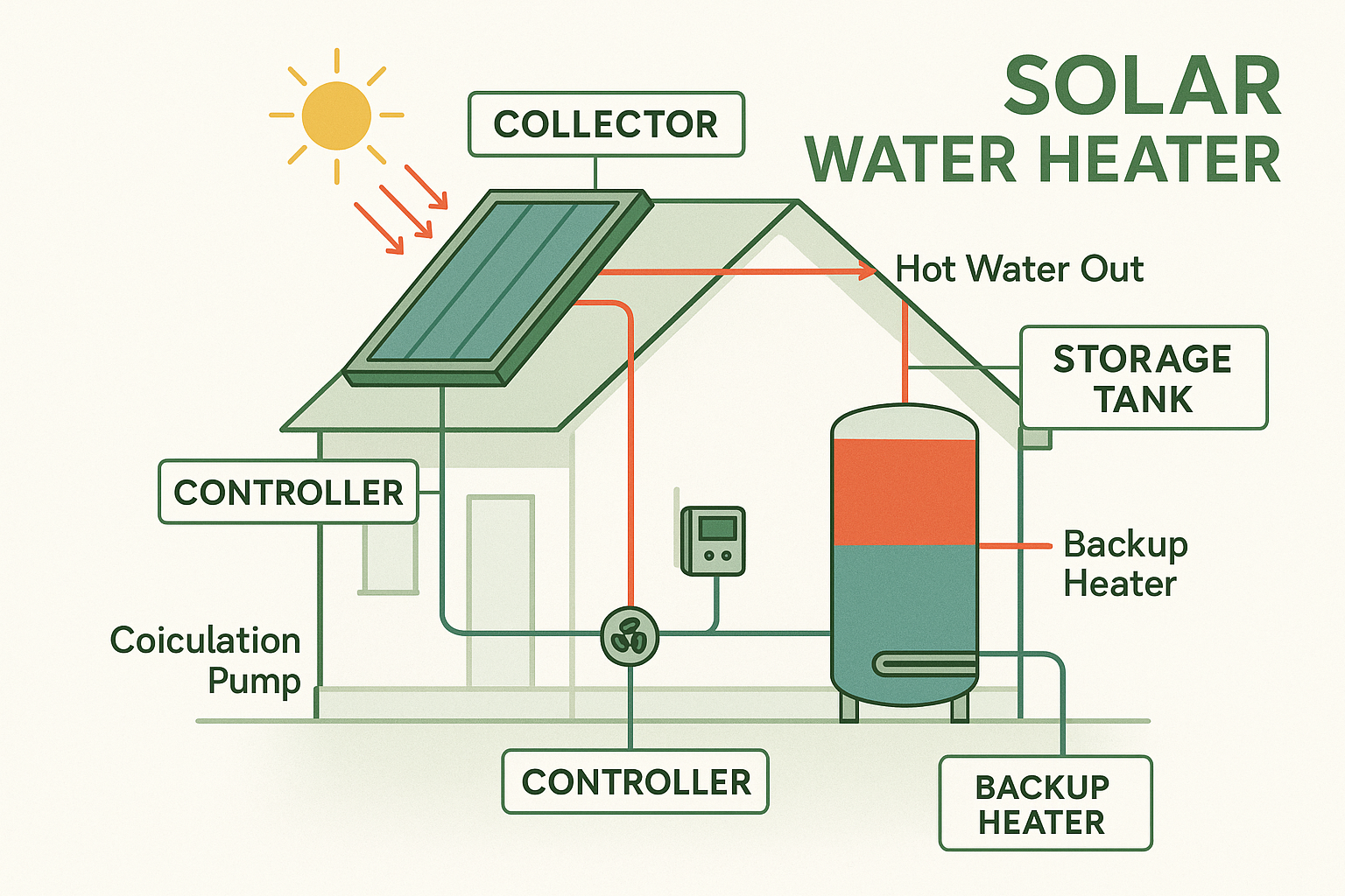 An infographic illustrating the main components of a typical solar water heater for home system, including the collector panel (flat plate o