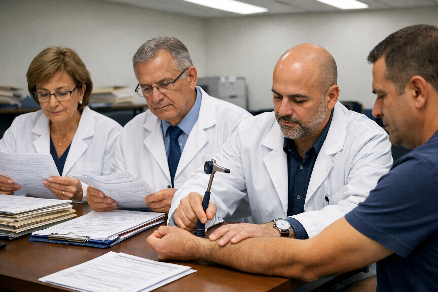 Detailed () image showing a formal medical committee setting: three physicians in white coats seated at a table reviewing