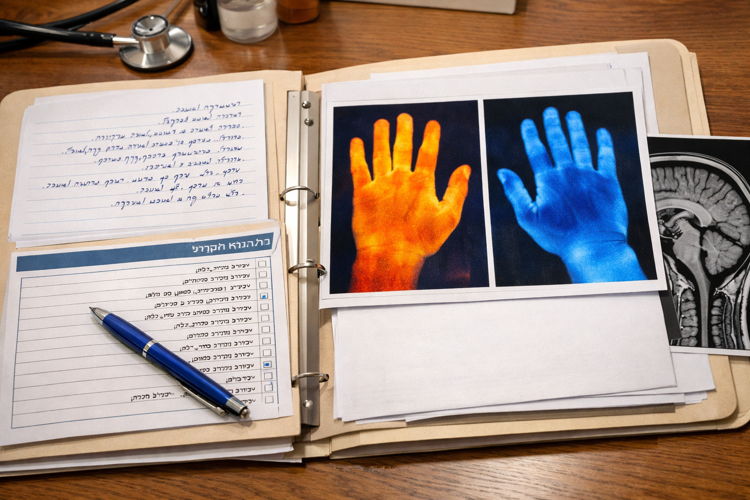 Detailed () image showing an organized medical records folder open on a desk, containing handwritten clinical notes, printed