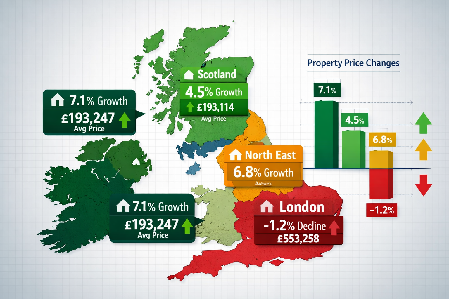 Detailed landscape format (1536x1024) infographic-style image showing UK map with four distinct regions color-coded by property price growth