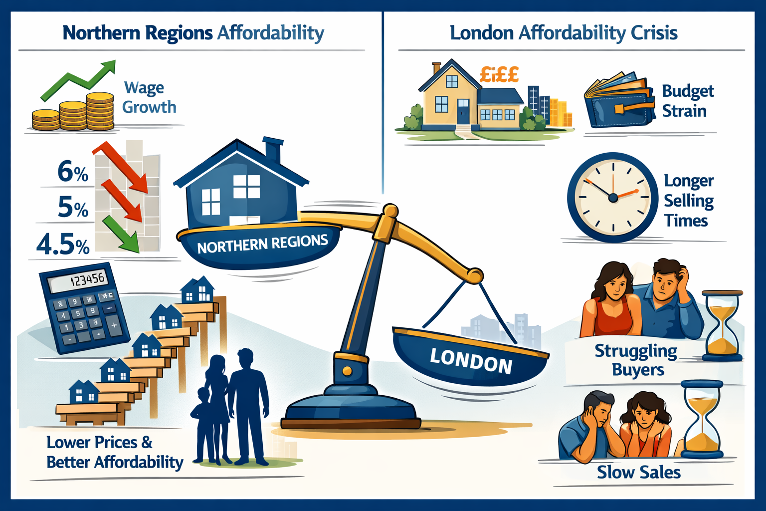 Detailed landscape format (1536x1024) conceptual illustration showing key economic drivers of regional property divergence. Split-screen com