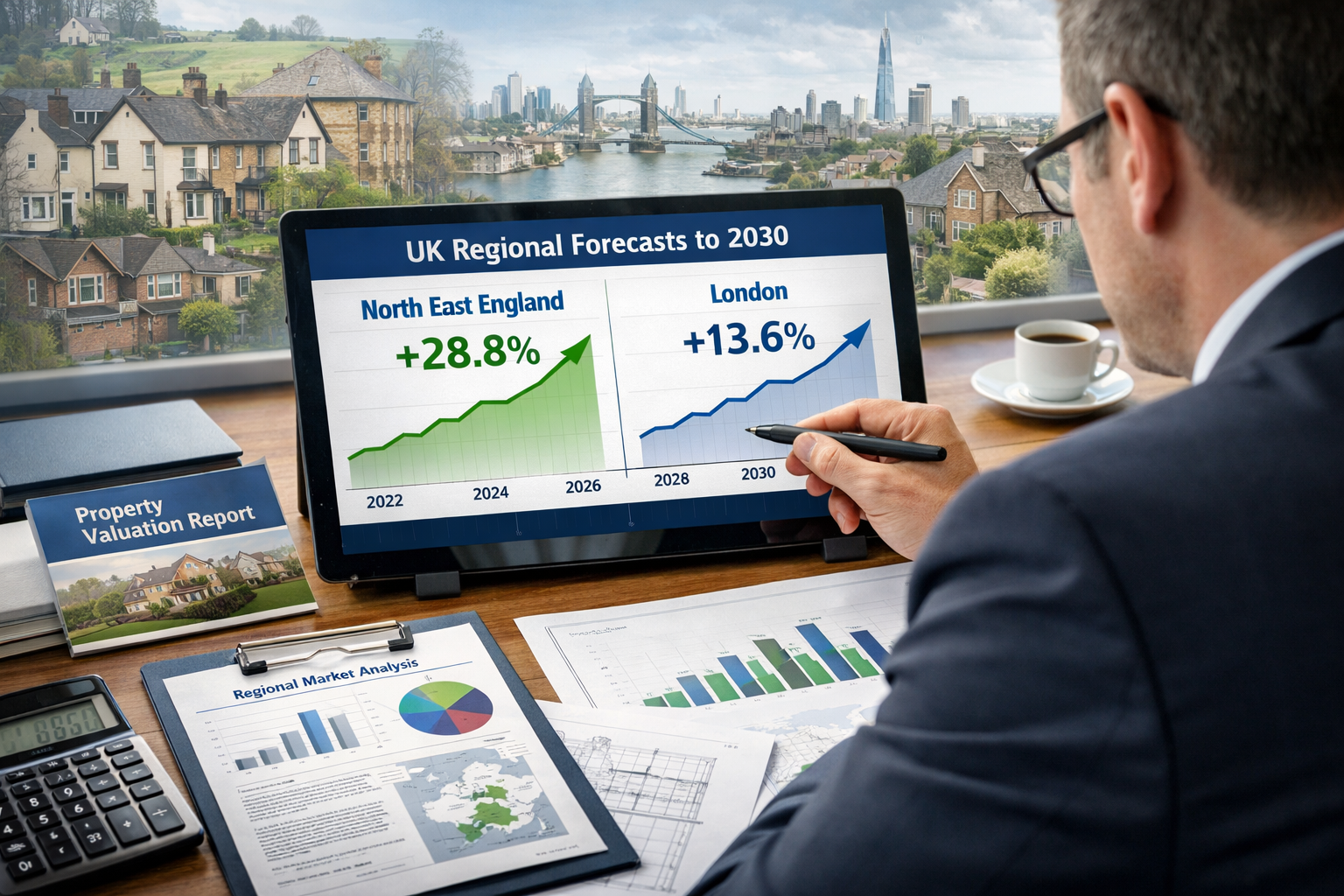 Detailed landscape format (1536x1024) forward-looking strategic planning image for property professionals and surveyors. Central focus on pr