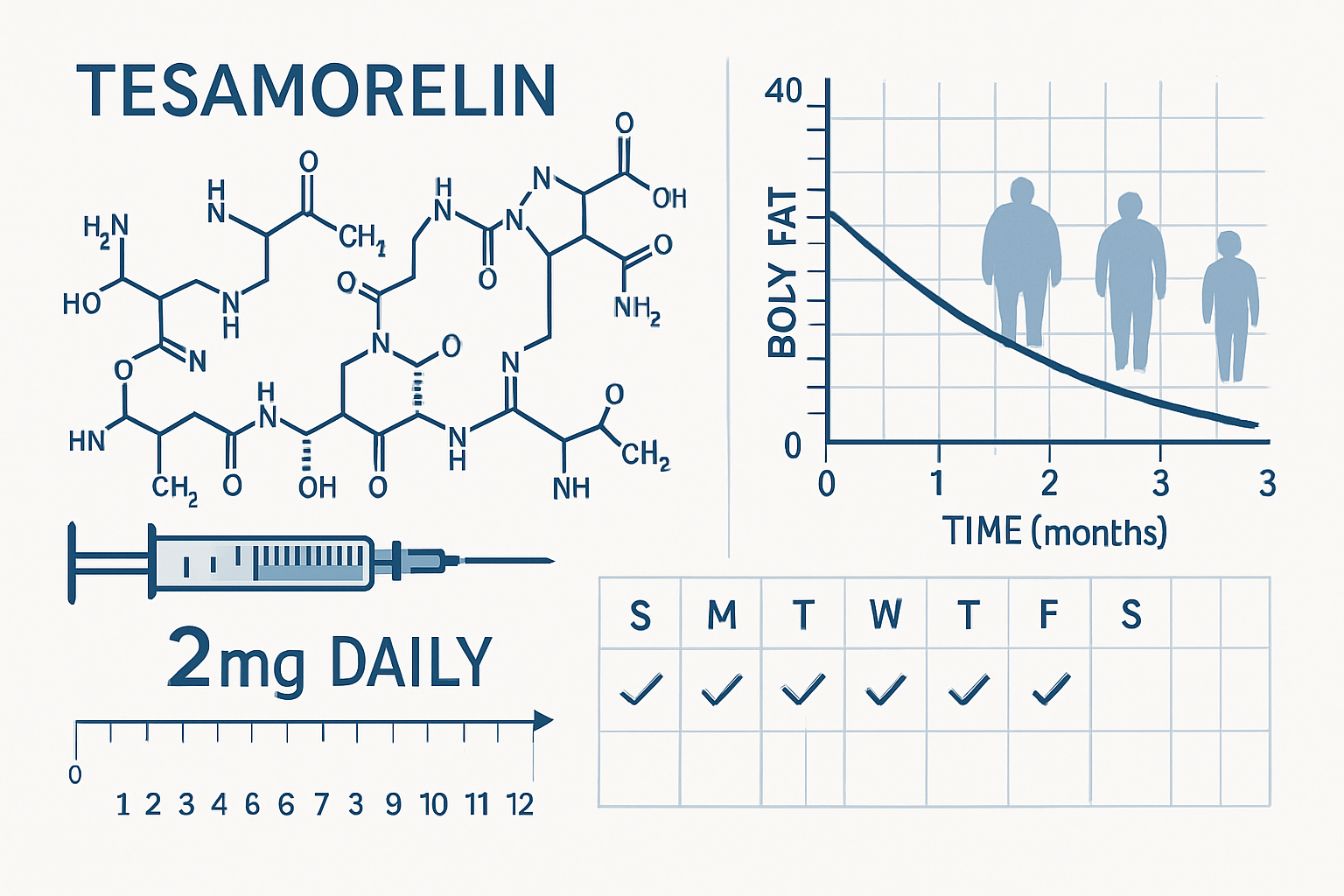 Scientific infographic showing tesa molecular structure with dosage timeline chart, featuring measurement scales, injection schedules