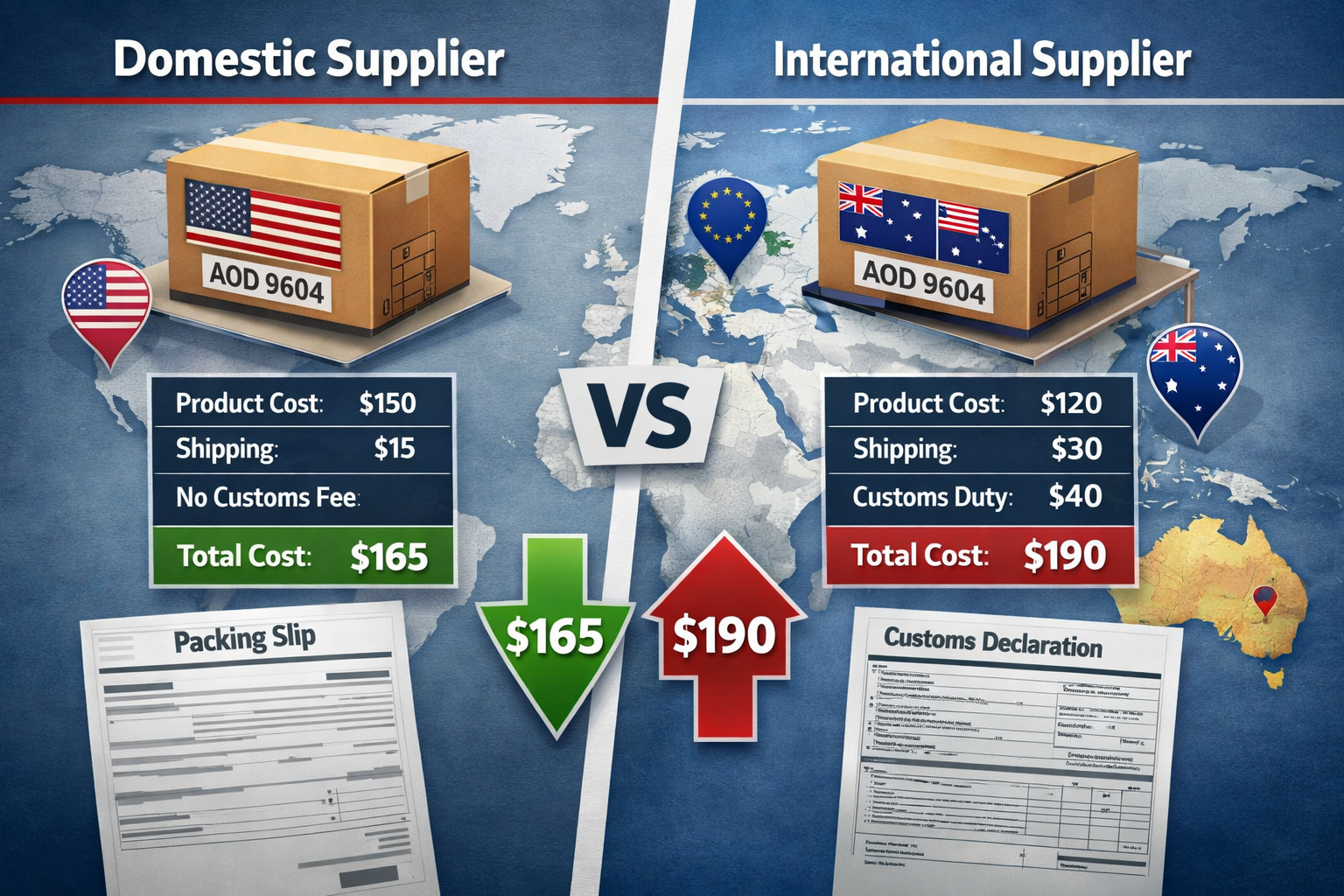 Split-screen comparison showing domestic vs international AOD 9604 suppliers, shipping boxes with country flags, cost breakdown charts, cust