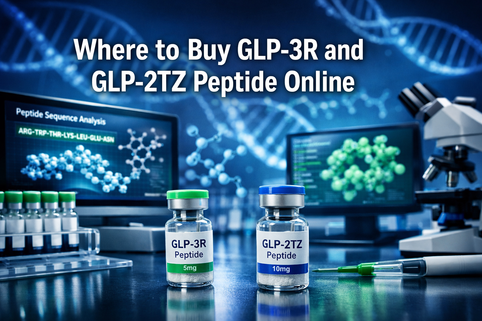 Professional landscape format (1536x1024) hero image with bold text overlay 'Where to Buy GLP-3R and GLP-2TZ Peptide Online' in extra large 