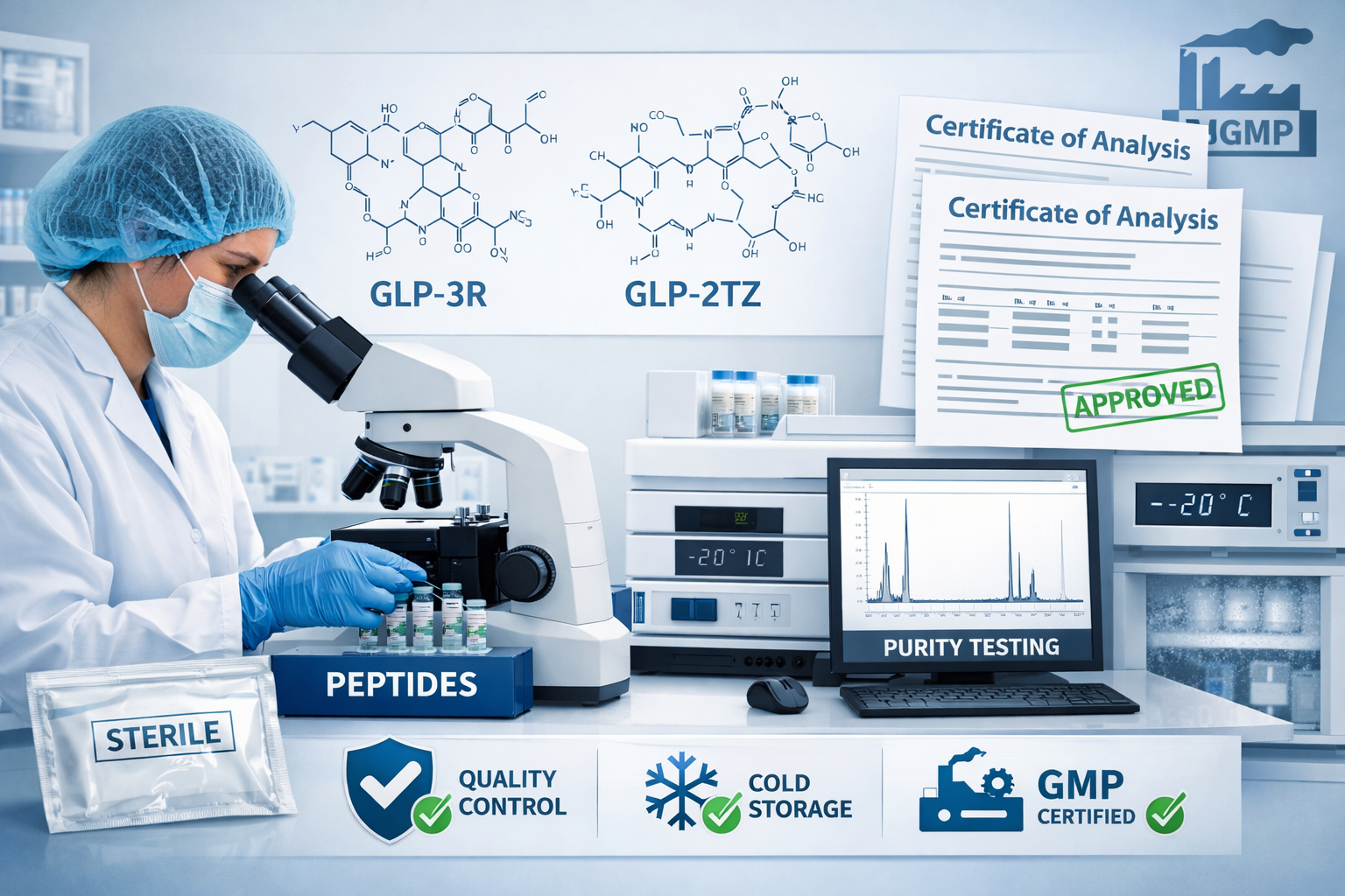 Professional landscape format (1536x1024) image depicting quality assurance process for peptide purchasing. Shows laboratory technician exam