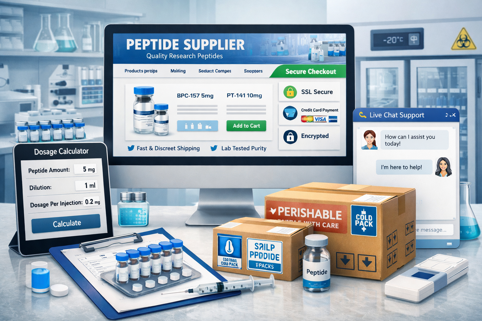 Detailed landscape format (1536x1024) image showing secure online ordering process for research peptides. Visual elements include computer s
