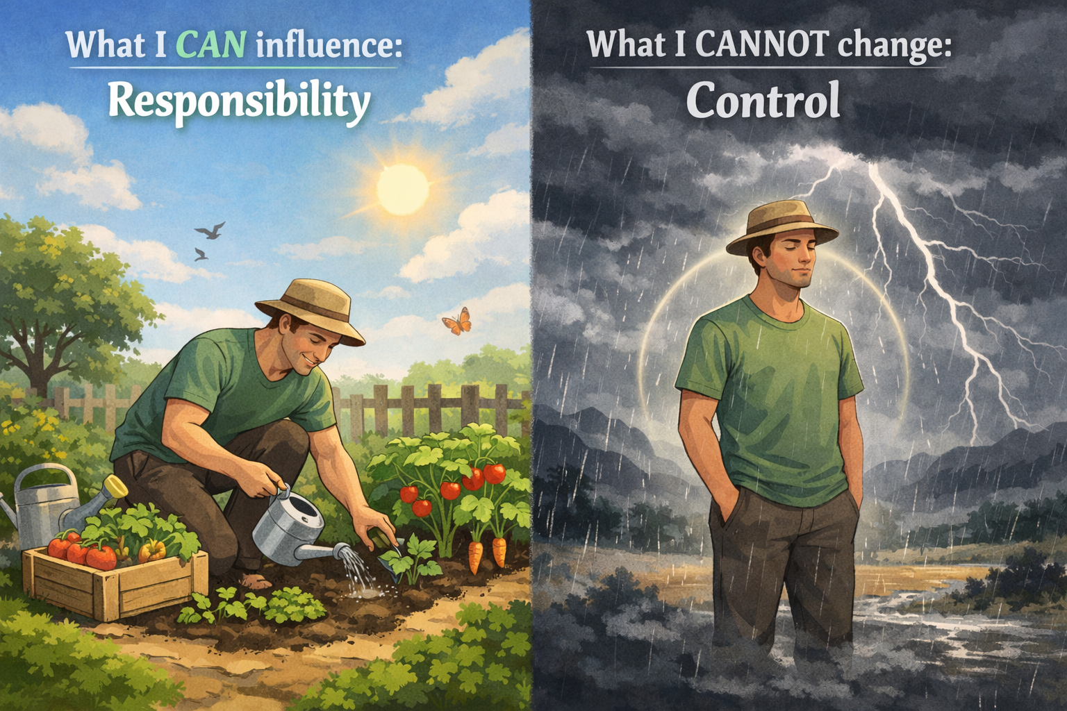 The Art of Detachment: How to Let Go of What You Can’t Control 2 Do not write in Hindi on the images. Must write in English only. A detailed landscape format (1536x1024) conceptual illustration depicting t