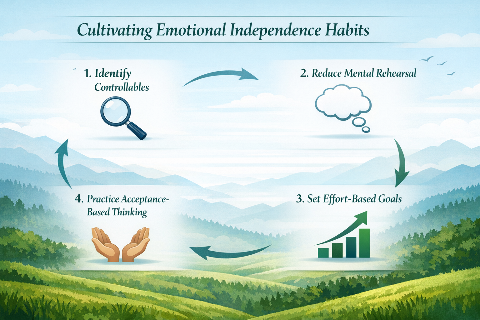 The Art of Detachment: How to Let Go of What You Can’t Control 3 Do not write in Hindi on the images. Must write in English only. A detailed landscape format (1536x1024) infographic illustrating the struct