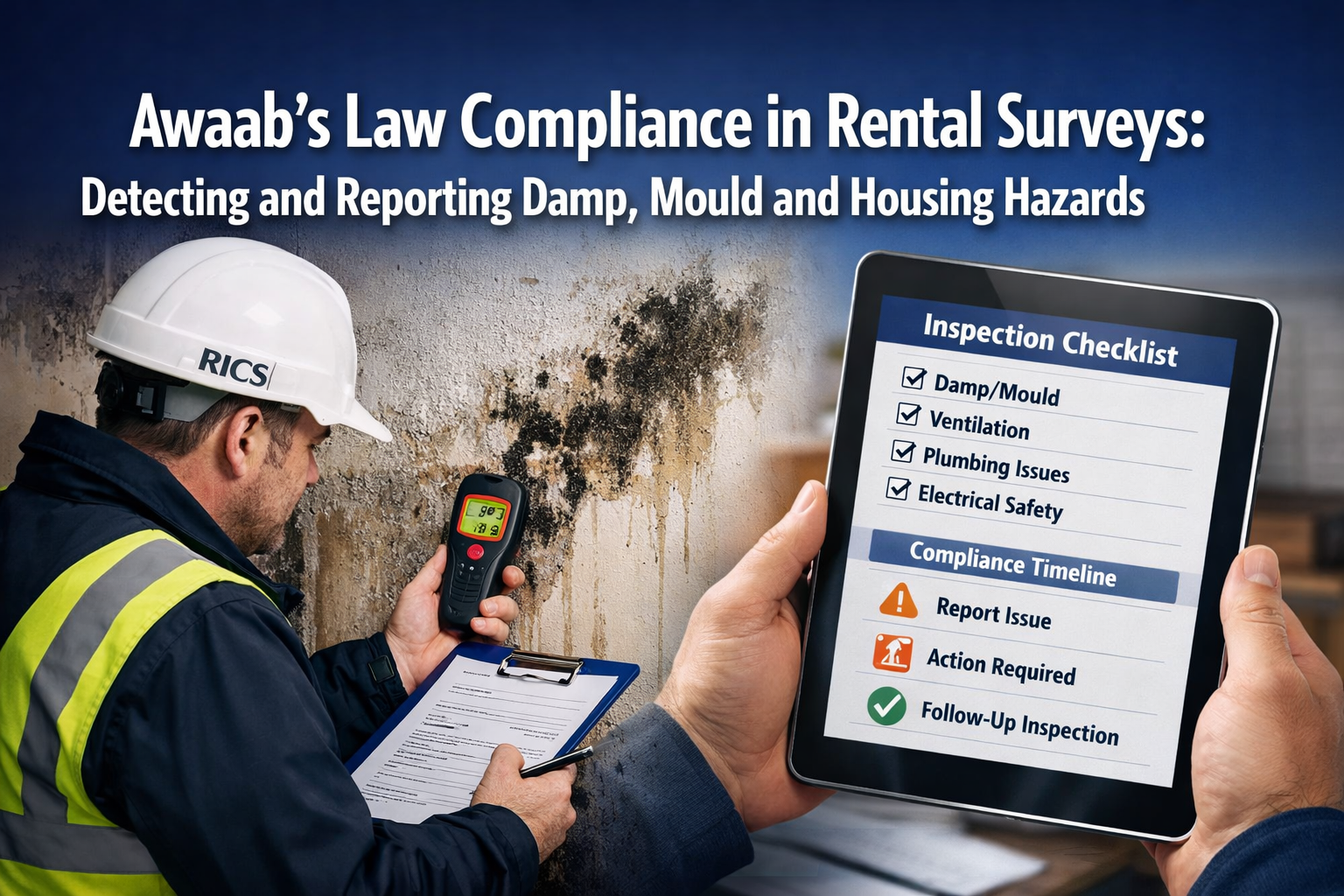 Professional () hero image with 'Awaab's Law Compliance in Rental Surveys: Detecting and Reporting Damp, Mould and Housing