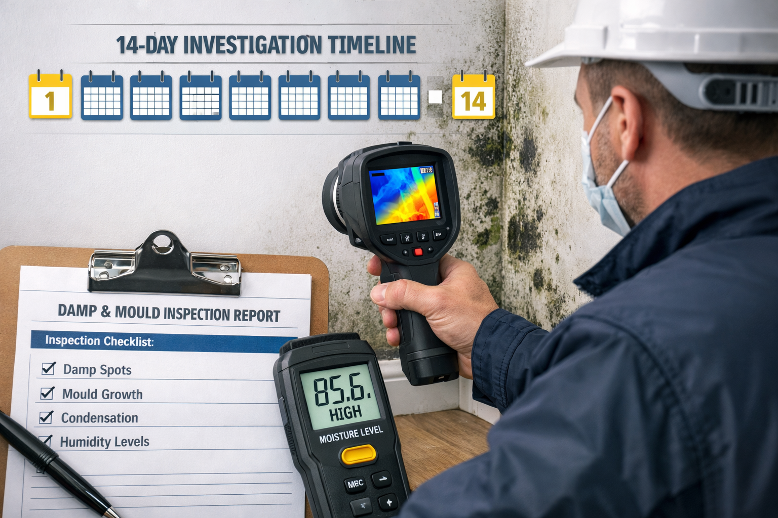 Detailed () image showing professional surveyor conducting systematic damp and mould inspection in rental property. Scene