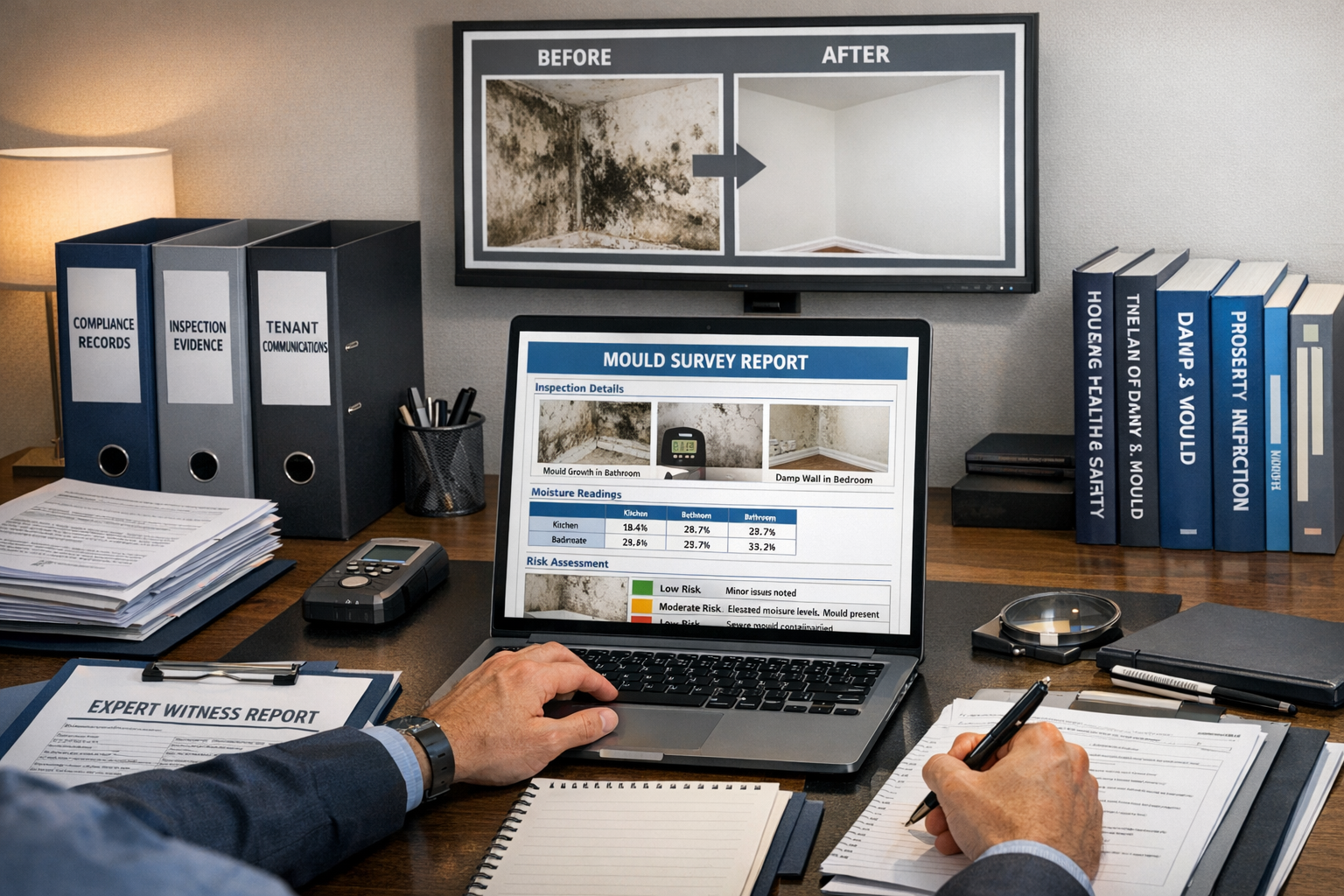 Detailed () image depicting professional surveyor preparing expert witness documentation and compliance reports at modern
