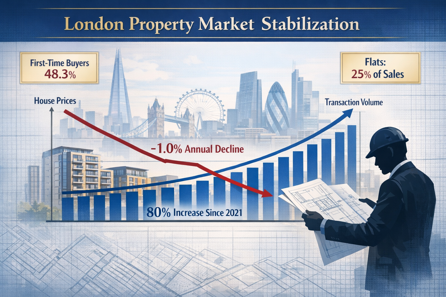 Detailed () illustration showing London property market stabilization data visualization with dual-axis chart displaying