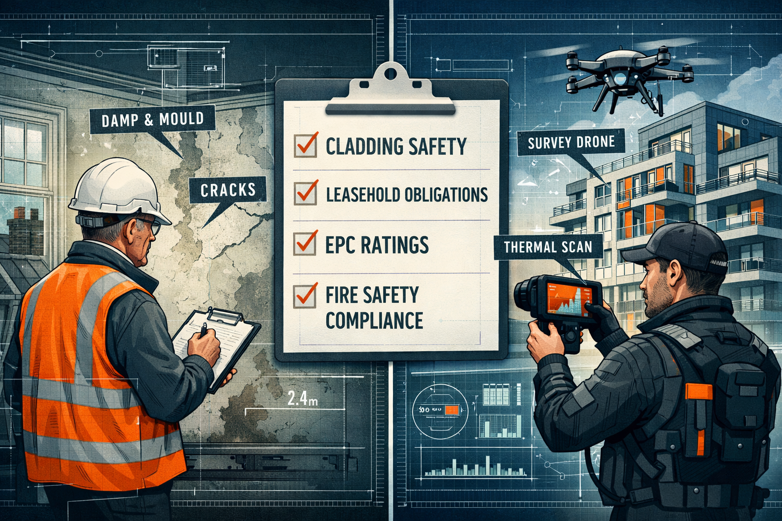Comprehensive () technical illustration showing modern building survey assessment protocols for flats. Split-screen