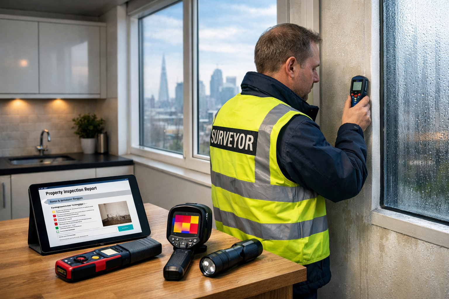 Detailed () professional photograph showing surveyor conducting comprehensive flat inspection in modern London apartment.
