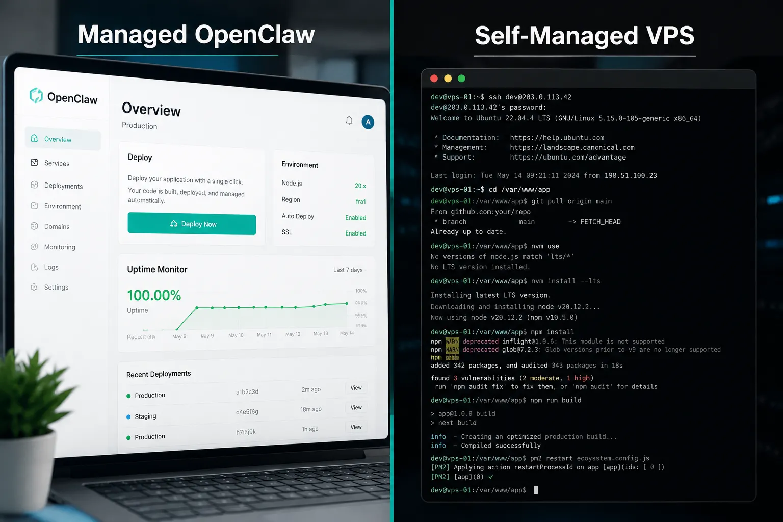 Split-screen editorial comparison image: left half shows a minimalist managed hosting dashboard with one-click deploy button and uptime monitor on a bright white interface labeled 'Managed OpenClaw'; right half shows a dark terminal window with SSH commands and a Node.js version manager prompt labeled 'Self-Managed VPS'. High-contrast split down the center with a thin teal dividing line, bold panel headings in white sans-serif, documentary tech photography style, 1536x1024 landscape, no pricing tables or checkmark grids. Managed OpenClaw vs. Self-Managed VPS: Which Should You Choose